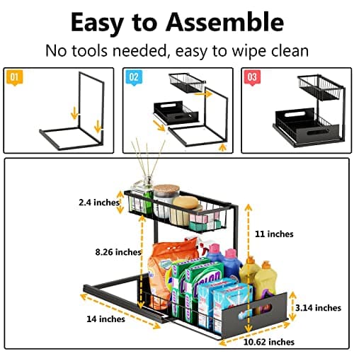 2-Tier Black Kitchen Cabinet Organizer Under Sink Storage (Sturdy Metal, 1 Pack)