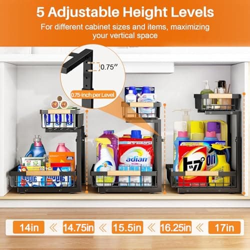 Upgraded 2-Pack 3.0 2-Tier Under Sink Organizer, Sliding Cabinet Shelf with Hooks & Cups, Rust-Resistant Black