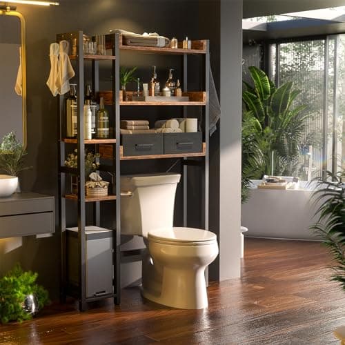 Rustic Brown 7 Tier Toilet Organizer with 2 Drawers & 4 Hooks