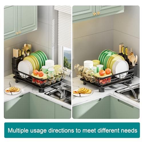 Large Drainboard Rack for Kitchen Counter - 4 Slots, Knife Fork Holder, Cup Organizer, Durable Black Steel