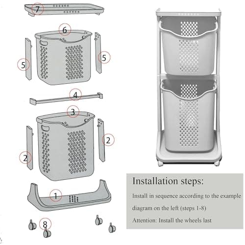 2-Tier Plastic Laundry Basket with Wheels, 40L+32L Capacity, Multi-Functional Kitchen & Bathroom Organizer