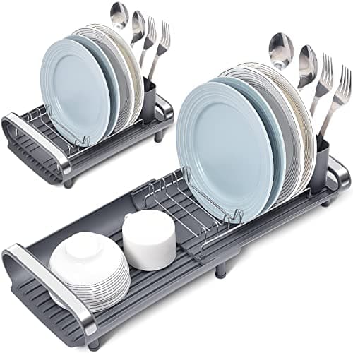 TOOLF Expandable Stainless Steel Dish Drying Rack, Anti-Rust with Cutlery Holder