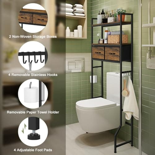 Rustic Brown ETELI Over Toilet Storage Cabinet with Fabric Drawers