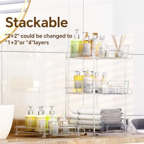Under Sink Organizer Set: 2 Stackable Clear Bathroom Storage Drawer Bins with Dividers for Kitchen, Pantry, and Closet
