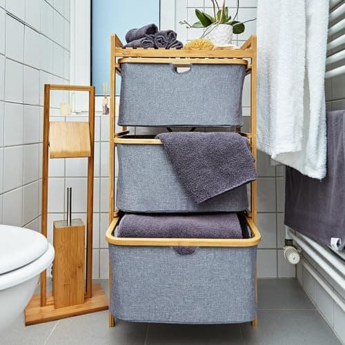 Bamboo 3-Tier Pull-Out Hamper Organizer with Towel Cabinet Handle