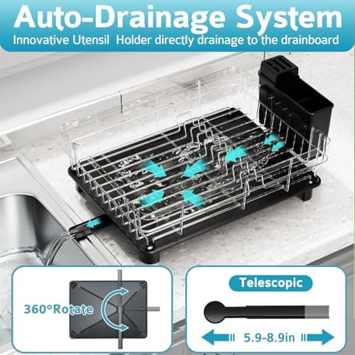 Space Saving Dish Drying Rack for Kitchen Counter - Rustproof with Drainboard and Utensil Holder