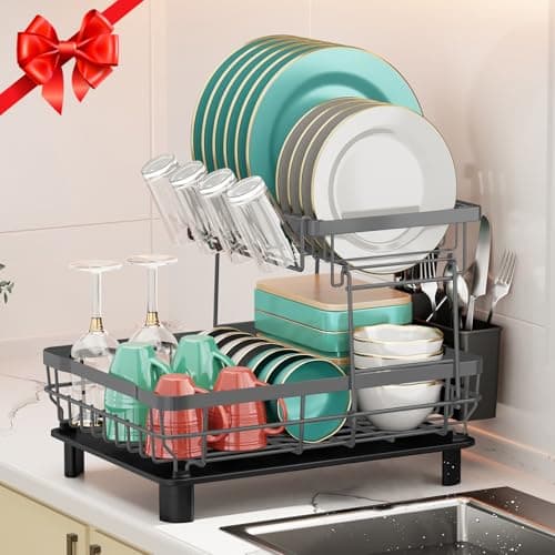 MOUKABAL Large Dish Drying Rack with Removable Holder, Grey/Gray