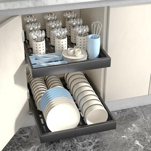 Black Minimalist Expandable Cabinet Organizer, 18" W x 5" H, 65 lbs Capacity, Kitchen Pantry Bathroom