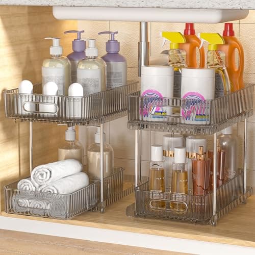 Fowooyeen 2 Pack Clear Under Sink Organizers, 2 Tier Pull Out Cabinets for Kitchen and Bathroom Storage