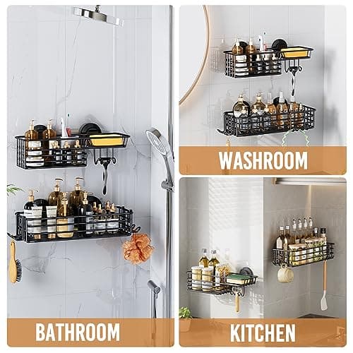 Leverloc No-Drilling Rustproof Black Bathroom Shower Caddy & Hooks, 2 Pack
