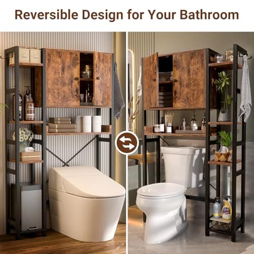 Rustic 7-Tier Over-the-Toilet Storage Cabinet with Adjustable Shelf & 4 Hooks