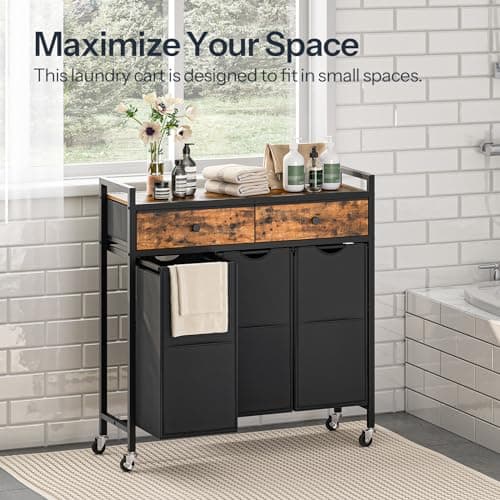 HOOBRO 3-Section 130L Rustic Brown Laundry Sorter with Drawers and Bags BF78XY01
