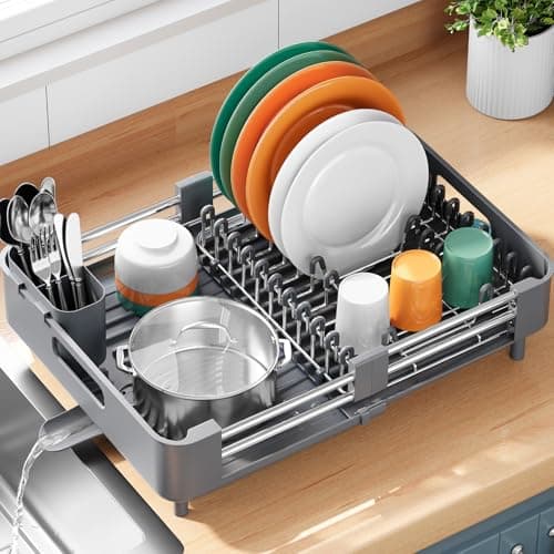 Extendable Gray Dish Drying Rack with Drainboard & Cutlery Holder