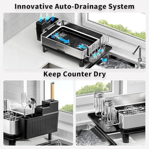 304 Stainless Steel Dish Drying Rack, Black, Kitchen Organizer with Drainage & Utensil Holder