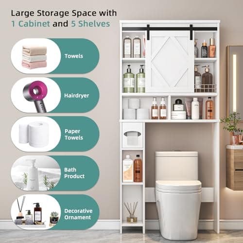 White Farmhouse Sliding Door Toilet Cabinet with Storage & Organizer