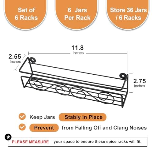 Screw or Adhesive Hanging Spice Rack 6 Pack, 2.5"x2.7"x12", Kitchen Organizer
