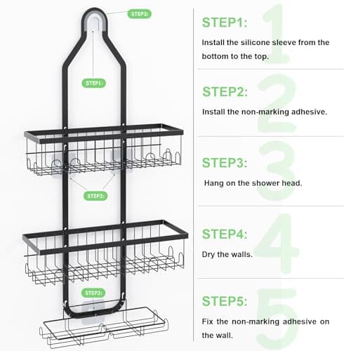 Fixwal Adjustable Height Black Shower Organizer with Hooks and Soap Holders