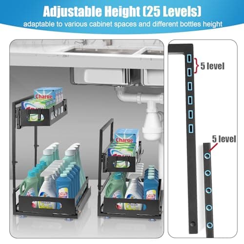 2-Tier Metal Under Sink Organizer with Adjustable Height for Kitchen and Bathroom