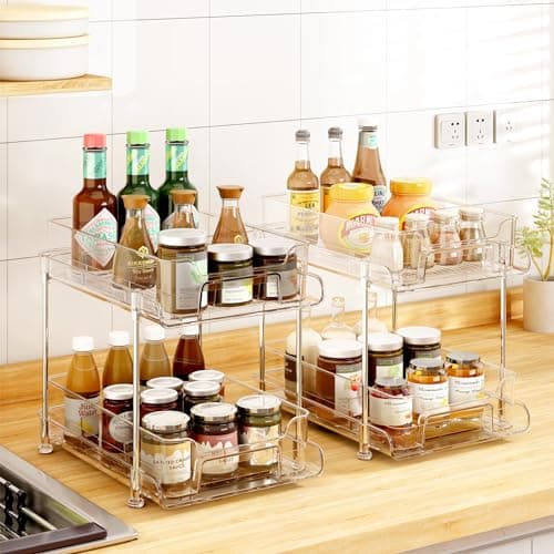 Under Sink Organizer Set: 2 Stackable Clear Bathroom Storage Drawer Bins with Dividers for Kitchen, Pantry, and Closet