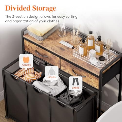 Lifewit Large Rolling Laundry Sorter with Shelf & Drawers, Rustic Brown and Black