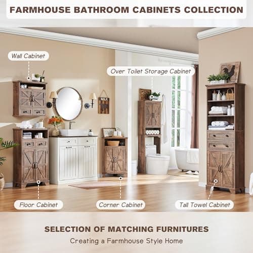 Rustic Brown Over the Toilet Cabinet, 67" Tall, Adjustable Shelf, Barn Door