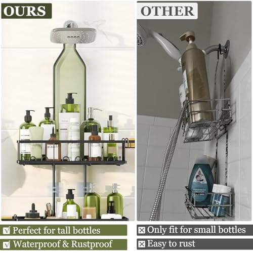 Black Rustproof Over Shower Organizer with Hooks & Soap Holders - Adjustable Height