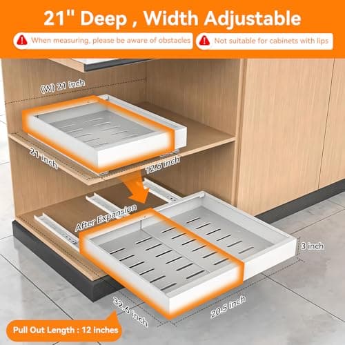 2 Pack Expandable White Pull Out Cabinet Organizers, 12.6''-21'' Width, 21'' Deep, Kitchen & Bathroom Storage