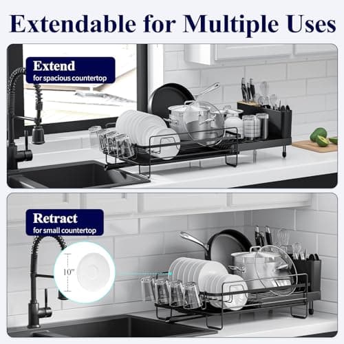 Kitsure Extendable Large Dish Drying Rack with Cutlery and Cup Holders - Anti-Rust Kitchen Organizer