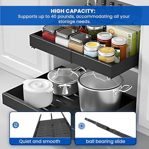 21" Deep Expandable Cabinet Organizer with Magnetic Dividers & Cleaning Brush - Black Slide-Out Drawer
