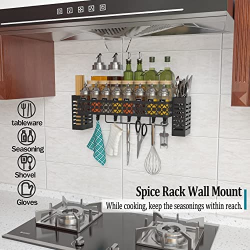 Wall-Mounted Spice Rack with Utensil Holder for Kitchen, Black