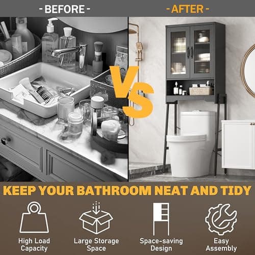 Black Tall Freestanding Toilet Cabinet with Glass Doors & Adjustable Shelf