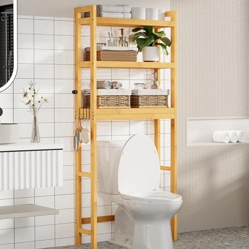 Smiry 3-Tier Bamboo Over Toilet Organizer, Space-Saving Hook Storage, Black