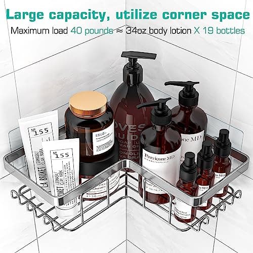 YASONIC Rustproof 3-Pack Adhesive Shower Caddy, 12 Hooks, Soap Holder, Brushed Silver
