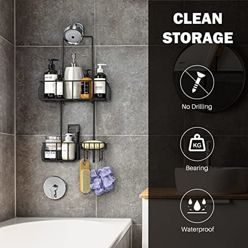 Epicano Anti-Swing Overhead Shower Caddy, Rustproof Hooks, Matte Black