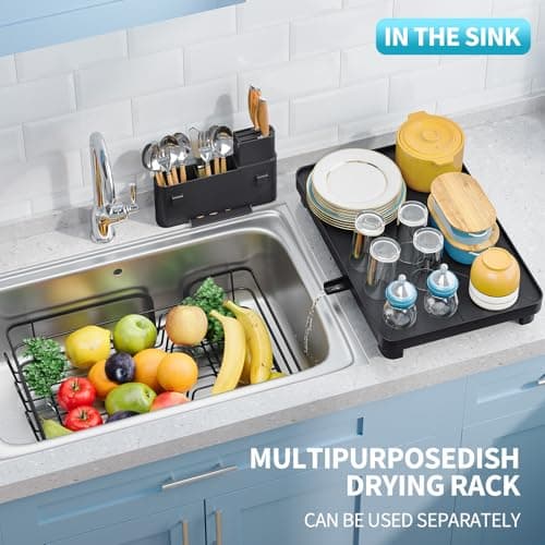 Black Multifunctional Kitchen Dish Drying Rack with Drain Board