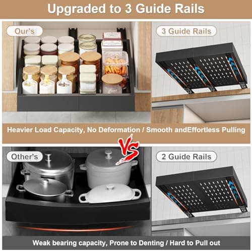 Black Expandable Cabinet Organizer (11"-16" W, 17"-24" D), 3 Rails, Rollout Drawers, No Drill Shelves, Kitchen & Pantry