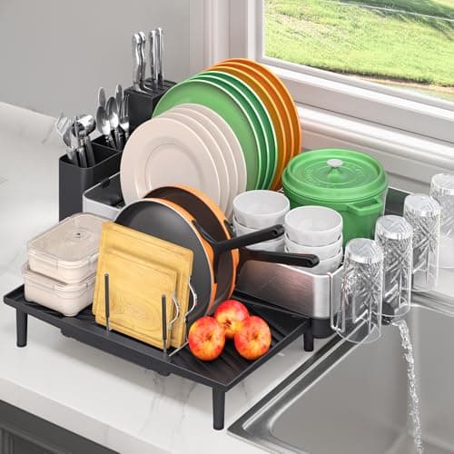 Expandable 304 Stainless Steel Dish Drying Rack, Foldable with Cutlery Holder, Gray Kitchen Rack