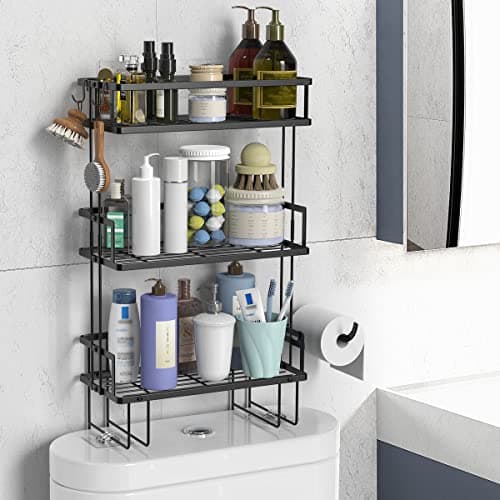 3-Tier Over-The-Toilet Storage Shelf with Hooks - Punch-Free Bathroom Organizer, Black
