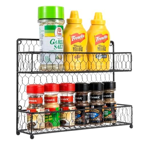 MyGift® Black Farmhouse Metal Spice Rack - Wall or Countertop 2-Tier Organizer
