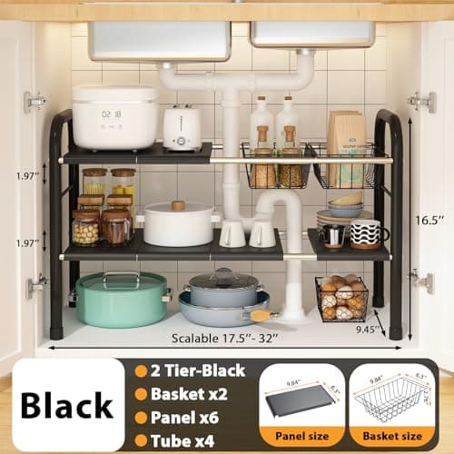 Expandable Under Sink Organizer with 2 Tiers and 2 Removable Baskets