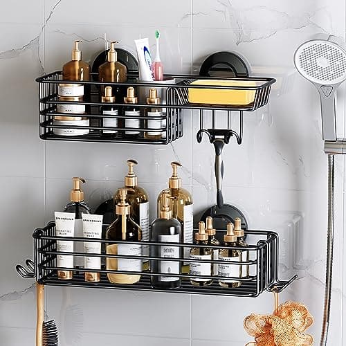 Leverloc No-Drilling Rustproof Black Bathroom Shower Caddy & Hooks, 2 Pack