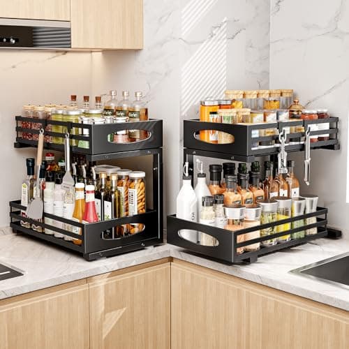 Sink Cabinet Organizers 2 Pack, Pull Out Steel Shelves for Kitchen Bathroom Storage (Black)