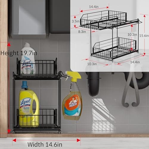 SUEH DESIGN 2 Tier Under Sink Organizer with Hanging Rail for Kitchen & Bathroom