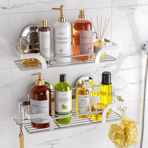 Leverloc No-Drilling Rustproof Black Bathroom Shower Caddy & Hooks, 2 Pack