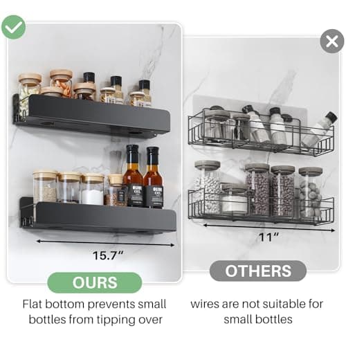 Kitstorack 2-Pack Wall-Mount Spice Rack with Adhesive - 15.7 Organizer for Smooth Walls, Black