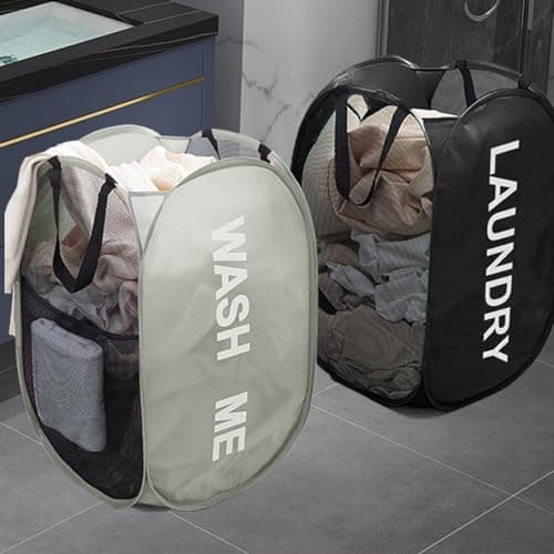 Larpur Pop Up Laundry Baskets, 2 Pack Mesh Hampers (Black + Gray)