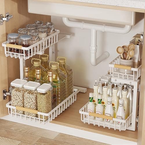 Upgraded 2-Pack 3.0 2-Tier Under Sink Organizer, Sliding Cabinet Shelf with Hooks & Cups, Rust-Resistant Black