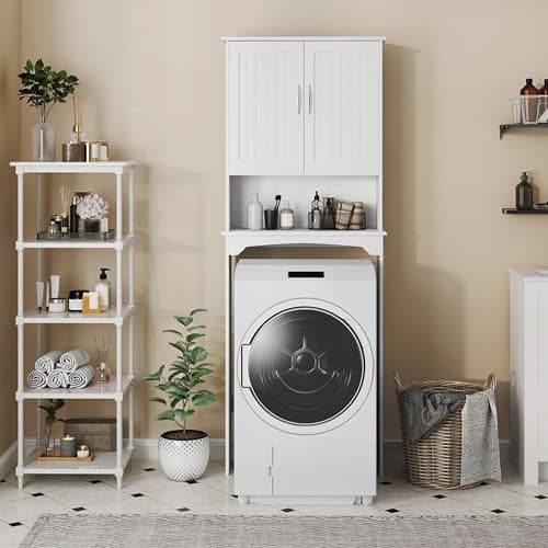 Yaheetech Double Door Toilet Cabinet, White with Adjustables and Open Shelf