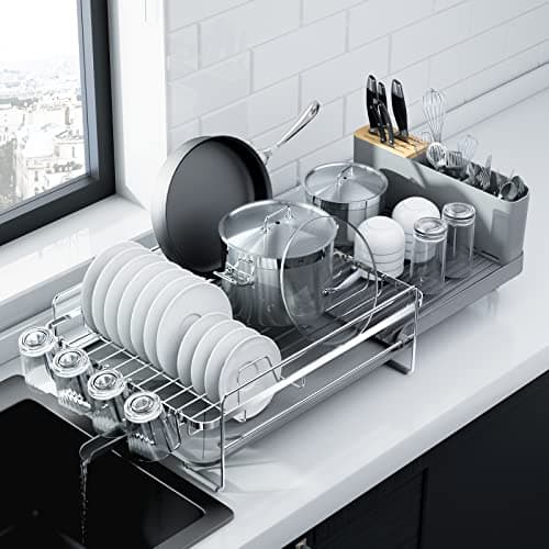 Kitsure Extendable Large Dish Drying Rack with Cutlery and Cup Holders - Anti-Rust Kitchen Organizer