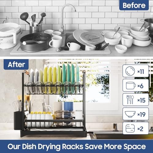 Black 2-Tier Kitchen Drying Rack with Drainboard and Cutlery Holder